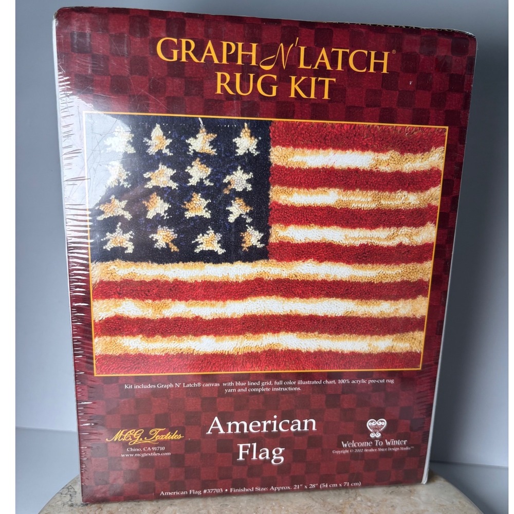 MCG Textiles American Flag Latch Hook Rug Kit 21x28 Red White Blue Vintage 2002